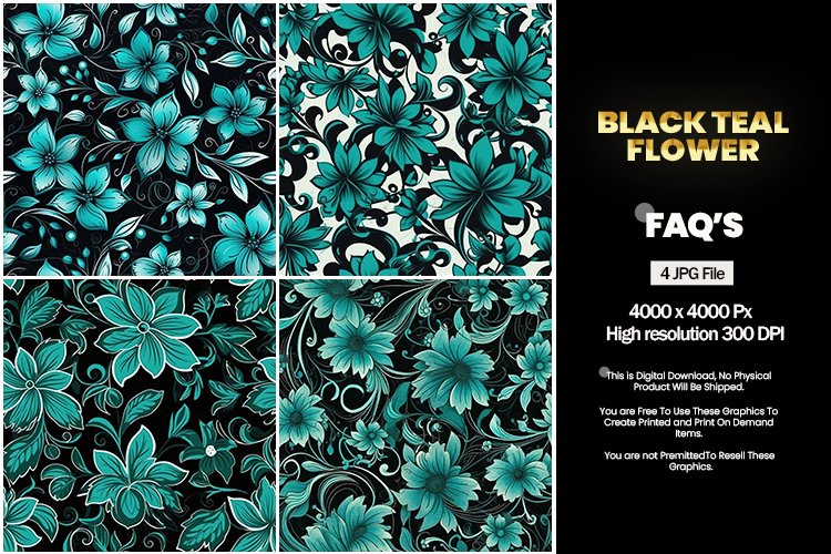 Black Teal Flower Square Coaster - 04 Variations