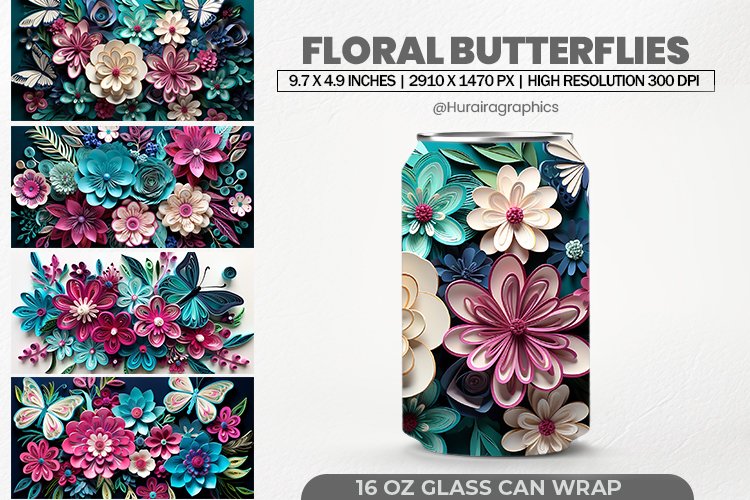 Floral Butterflies Glass Can Wrap,16 Oz Tumbler Sublimation