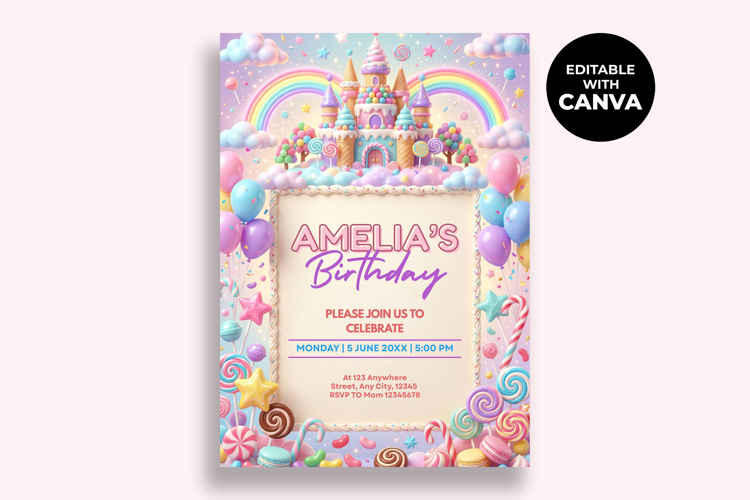 Candy Castle Birthday Invitation, Editable Canva Template