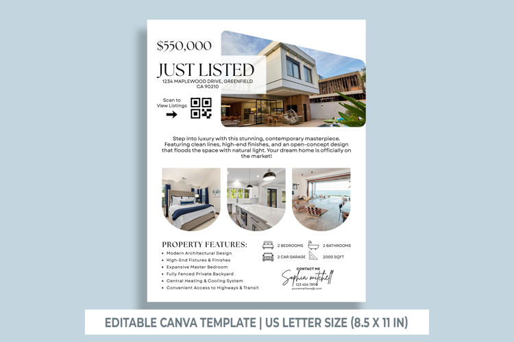 Just Listed Flyer Canva Template, Editable Real Estate Flyer
