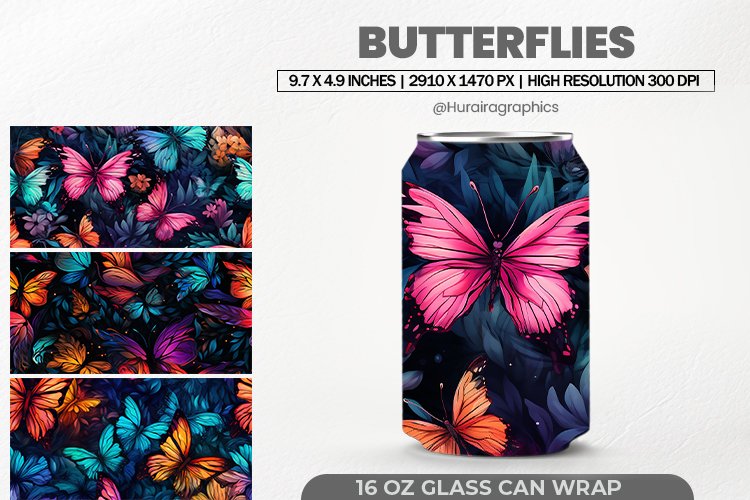 Butterflies Glass Can Wrap, 16 Oz Tumbler Sublimation