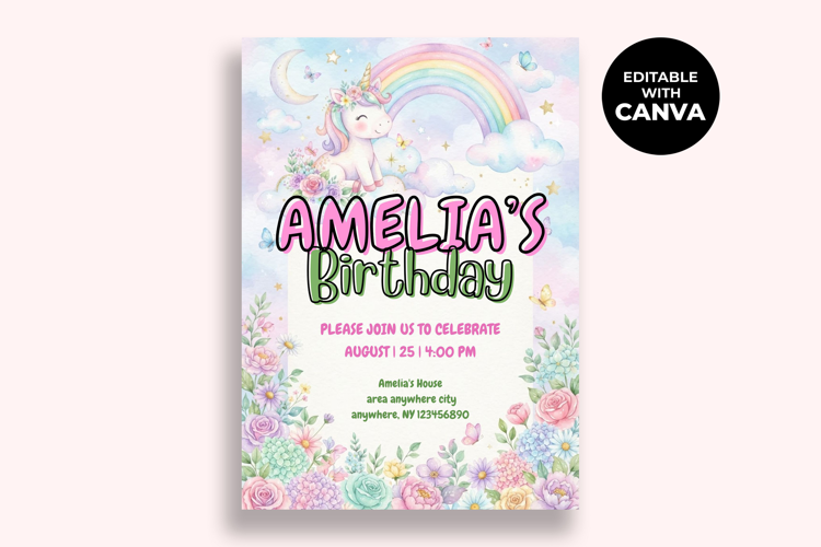 Unicorn Birthday Canva Invitation