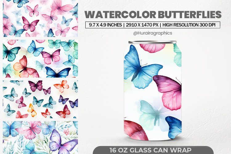Watercolor Butterflies Glass Can Wrap,16 Oz Tumbler