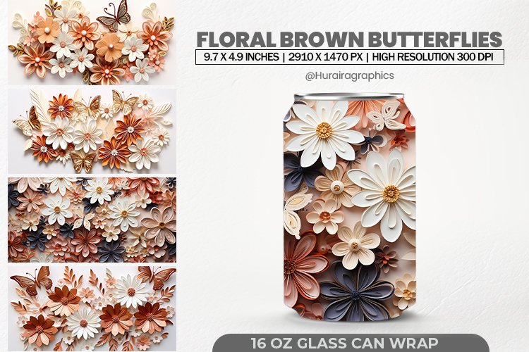 Floral Brown Butterflies Glass Can Wrap,16 Oz Tumbler