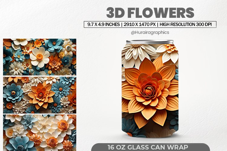 3D Flowers Glass Can Wrap, 16 Oz Tumbler Sublimation