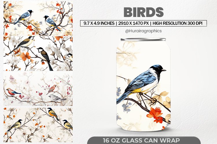 Birds Glass Can Wrap, 16 Oz Tumbler Sublimation