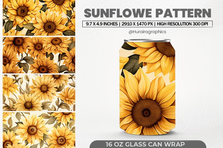 Sunflowe Pattern Glass Can Wrap,16 Oz Tumbler Sublimation