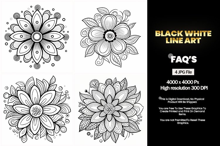 Black White Line art Square Coaster - 04 Variations
