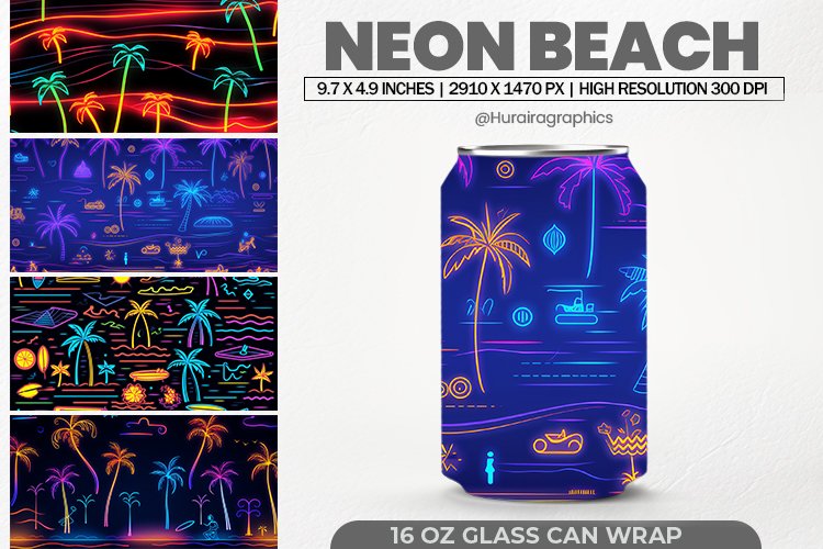 Neon Beach Glass Can Wrap,16 Oz Tumbler Sublimation example image 1