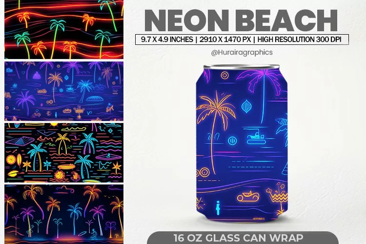 Neon Beach Glass Can Wrap,16 Oz Tumbler Sublimation