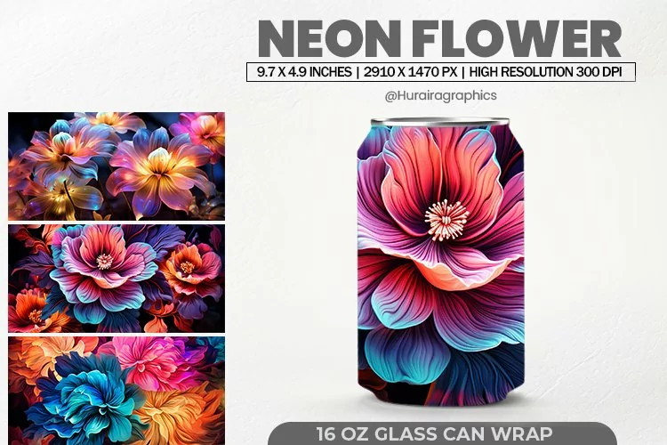 Neon Flower Glass Can Wrap,16 Oz Tumbler Sublimation