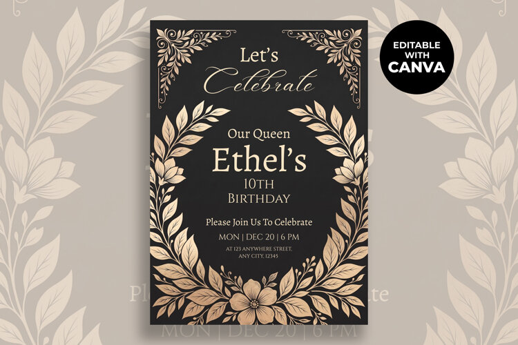 Elegant Floral 10th Birthday Canva Invitation example image 1