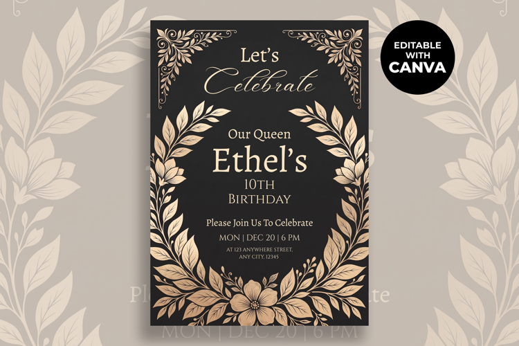 Elegant Floral 10th Birthday Canva Invitation