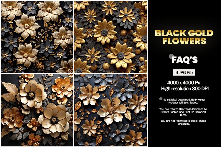 Black Gold Flowers Square Coaster - 04 Variations