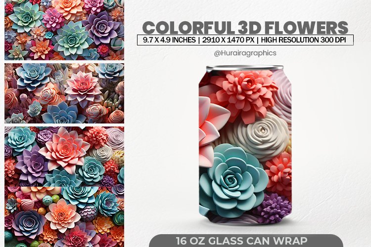 Colorful 3d Flowers Glass Can Wrap,16 Oz Tumbler Sublimation