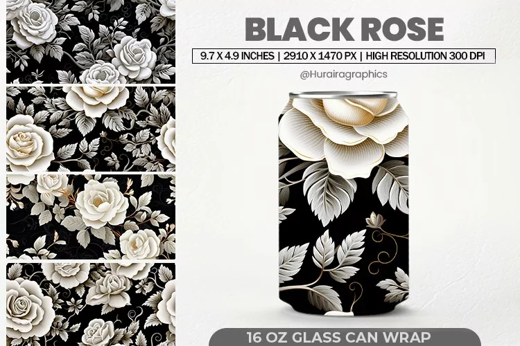 Black Rose Can Wrap, 16 Oz Tumbler Sublimation