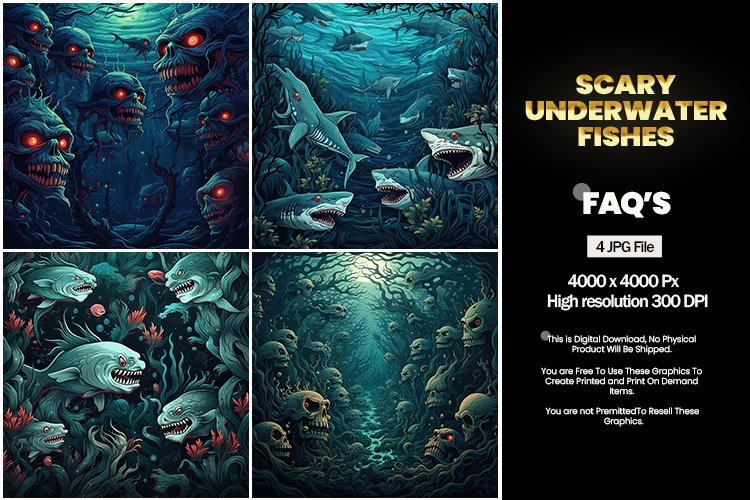 Scary Underwater Fishes Square Coaster - 04 Variations