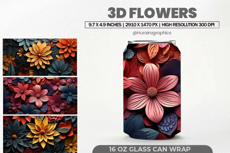 3D Flowers Glass Can Wrap, 16 Oz Tumbler Sublimation