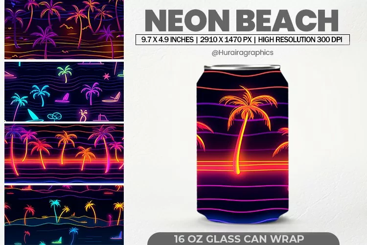 Neon Beach Glass Can Wrap,16 Oz Tumbler Sublimation