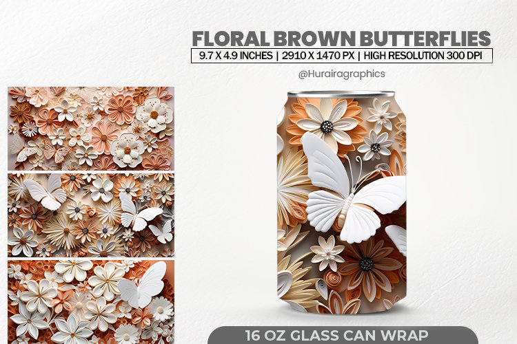 Floral Brown Butterflies Glass Can Wrap,16 Oz Tumbler