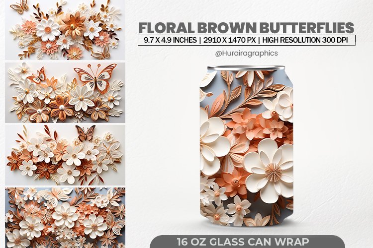 Floral Brown Butterflies Glass Can Wrap,16 Oz Tumbler