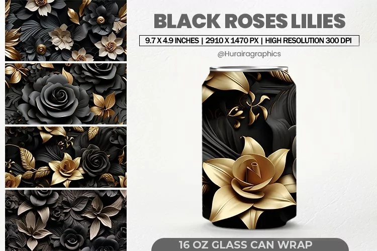 Black Rose Lilies Can Wrap, 16 Oz Tumbler Sublimation