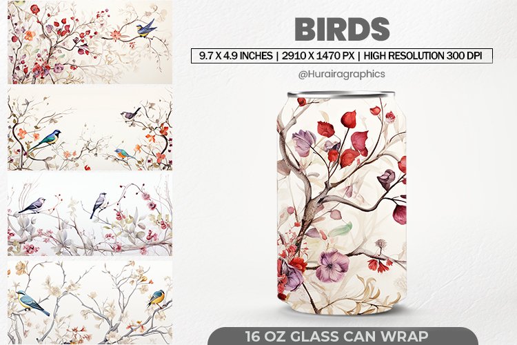 Birds Glass Can Wrap, 16 Oz Tumbler Sublimation