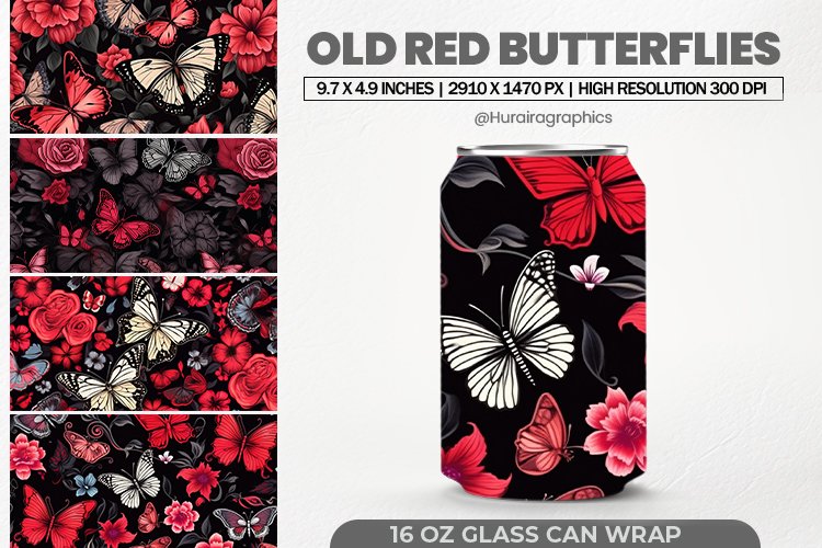 Old Red Butterflies Glass Can Wrap,16 Oz Tumbler Sublimation