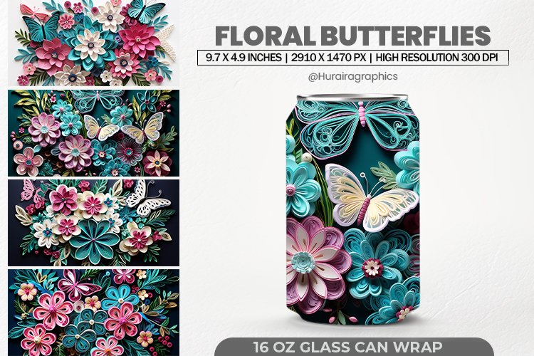 Floral Butterflies Glass Can Wrap,16 Oz Tumbler Sublimation