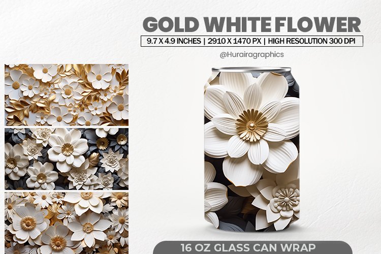 Gold White Flower Glass Can Wrap,16 Oz Tumbler Sublimation