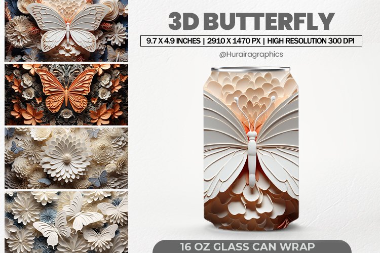 3D Butterfly Glass Can Wrap, 16 Oz Tumbler Sublimation example image 1