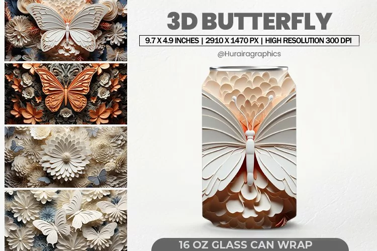 3D Butterfly Glass Can Wrap, 16 Oz Tumbler Sublimation