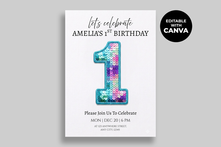 Rainbow Sequin Glitter 1st Birthday Invitation