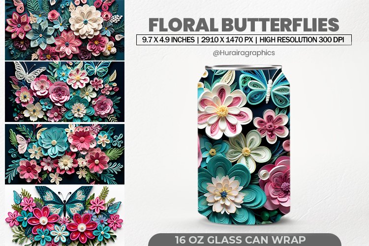 Floral Butterflies Glass Can Wrap,16 Oz Tumbler Sublimation