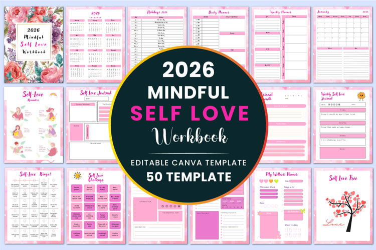 2026 Mindful Self Love Workbook For Canva Templates