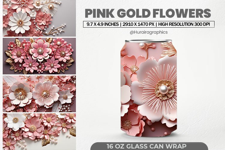 Pink Gold Flowers Glass Can Wrap,16 Oz Tumbler Sublimation