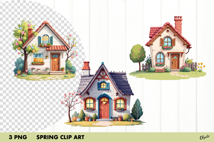 Spring Houses, Spring Garden Clip Art PNG