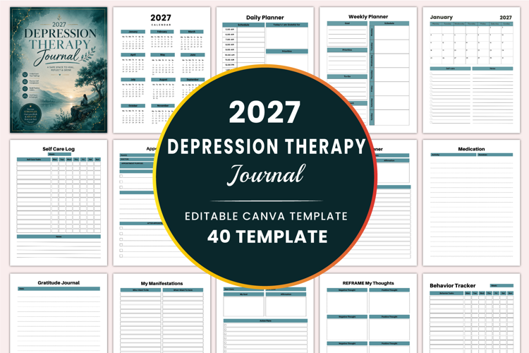 2027 Depression Therapy Journal Canva templates