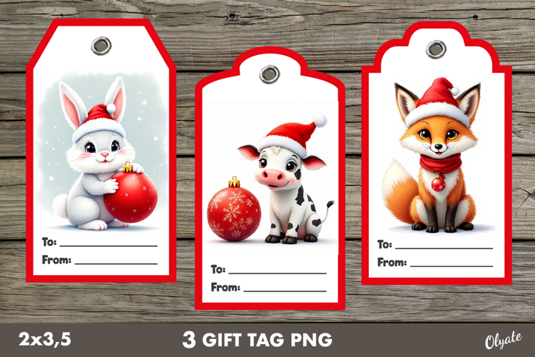 Christmas Gift Tag PNG. Cute Animal Christmas Labels PNG