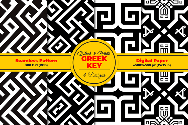 B&W Greek Key Seamless Pattern and Digital Paper Design
