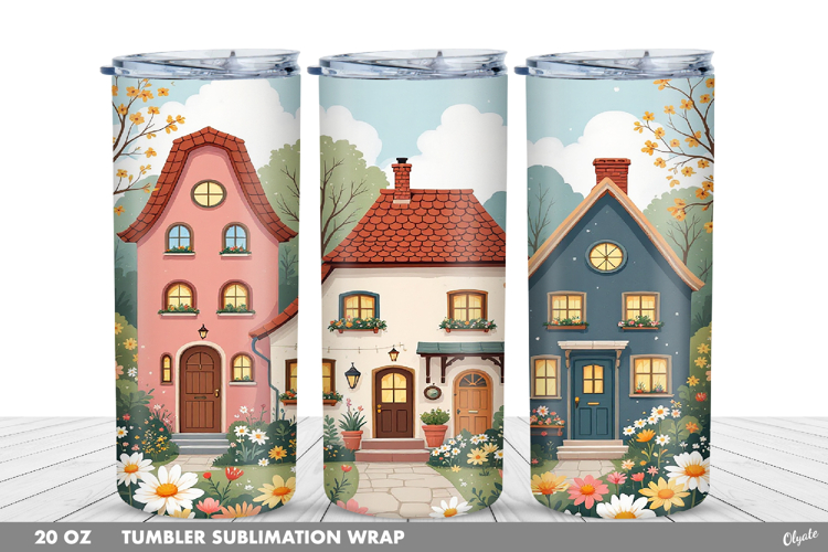 Cute Spring Houses Tumbler Sublimation PNG