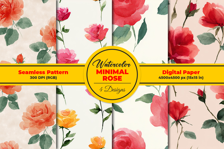 Watercolor Minimal Rose Seamless Pattern and Digital paper