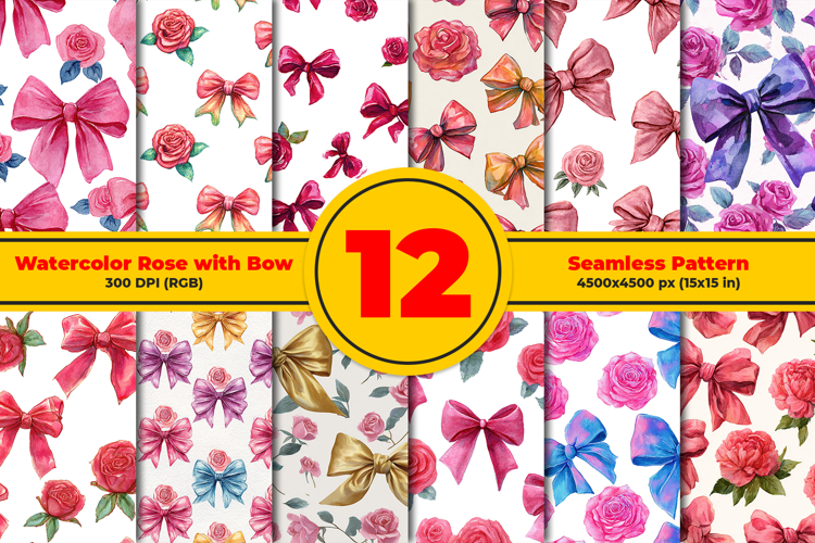Watercolor Rose with Bow Seamless Pattern and Digital paper