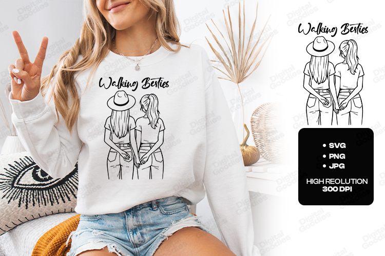 Walking Besties SVG | Best Friend Line Art Hand in Hand
