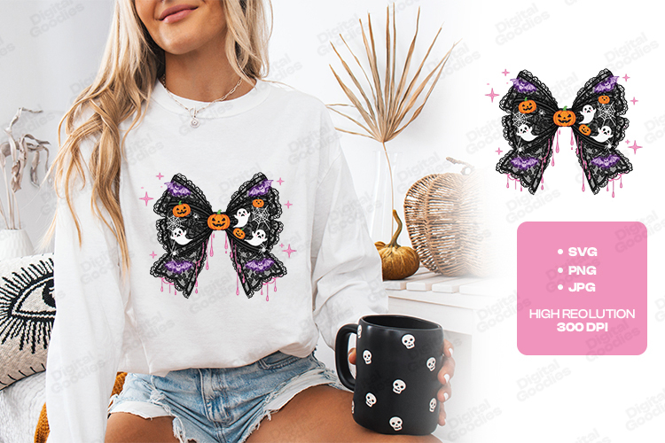 Spooky Night Lace Bow SVG - Halloween Ghost & Pumpkin File