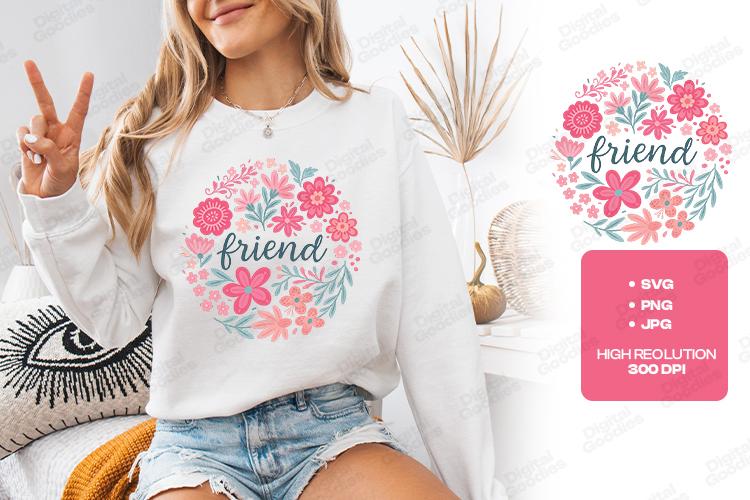 Friend Boho Floral Wreath Pink JPG Digital Art Design