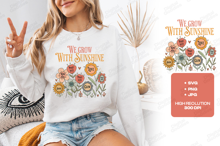 We Grow With Sunshine Retro Boho Floral JPG Digital Art