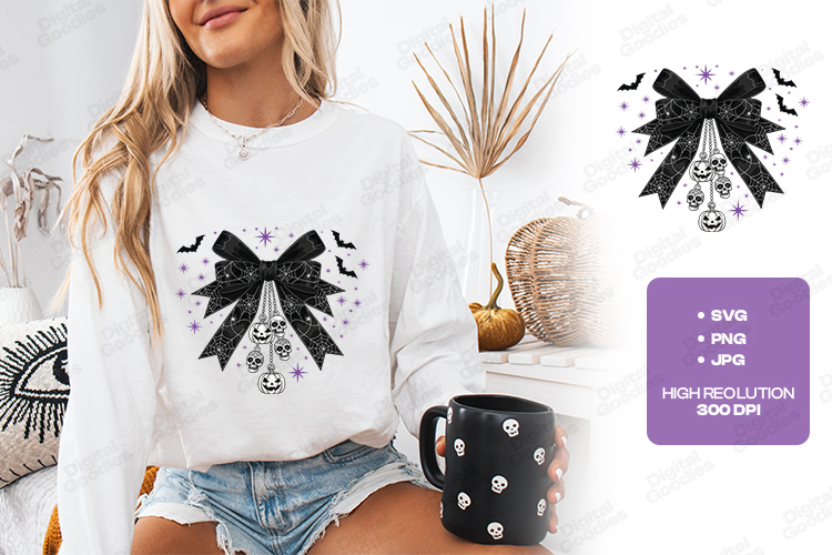 Gothic Spider Web Bow SVG - Halloween Skull & Bats Cut File