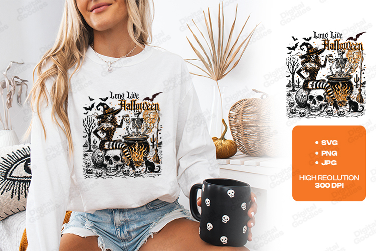 Long Live Halloween SVG - Skeleton Witch Cauldron Cut File