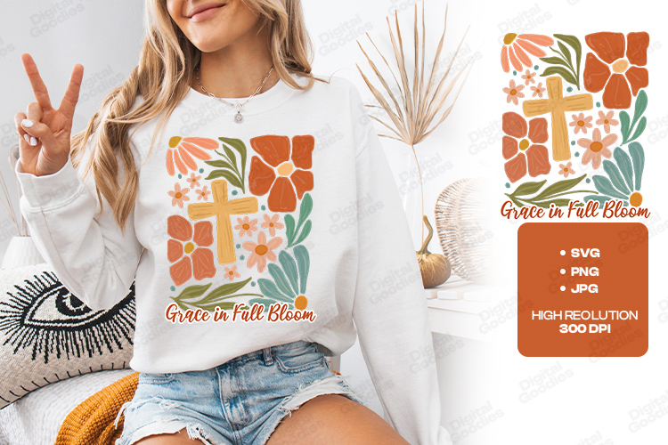 Grace In Full Bloom Christian Floral Cross Sublimation PNG